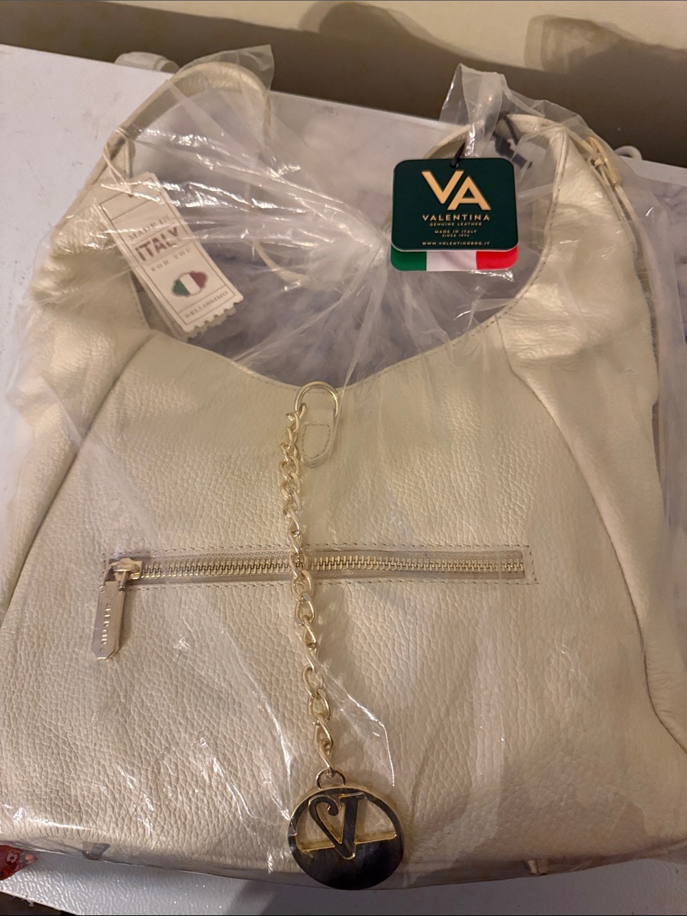 Valentina Cream Leather Shoulder Hobo with Gold Chain Charm
